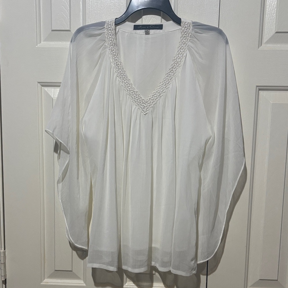 Rose & Olive White V-Neck Crochet Trim Peasant Blouse